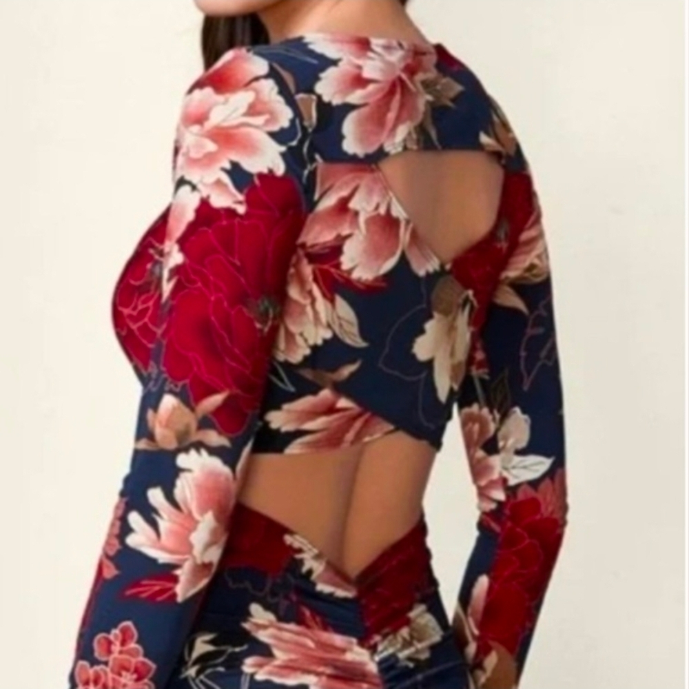 VENUS Floral Long Sleeve Dress - Red and Navy